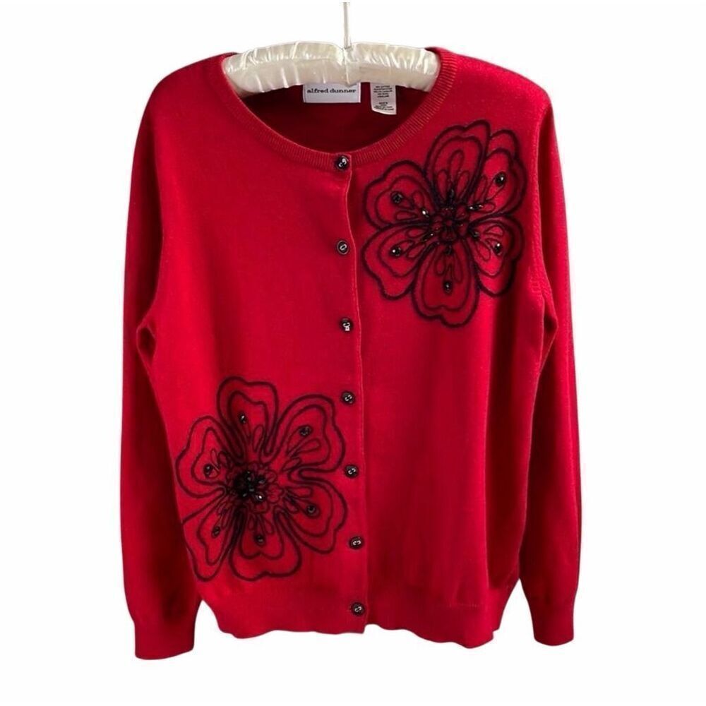 Alfred Dunner Small Red Floral Beaded Cardigan Button Front Classic Elegant NWT